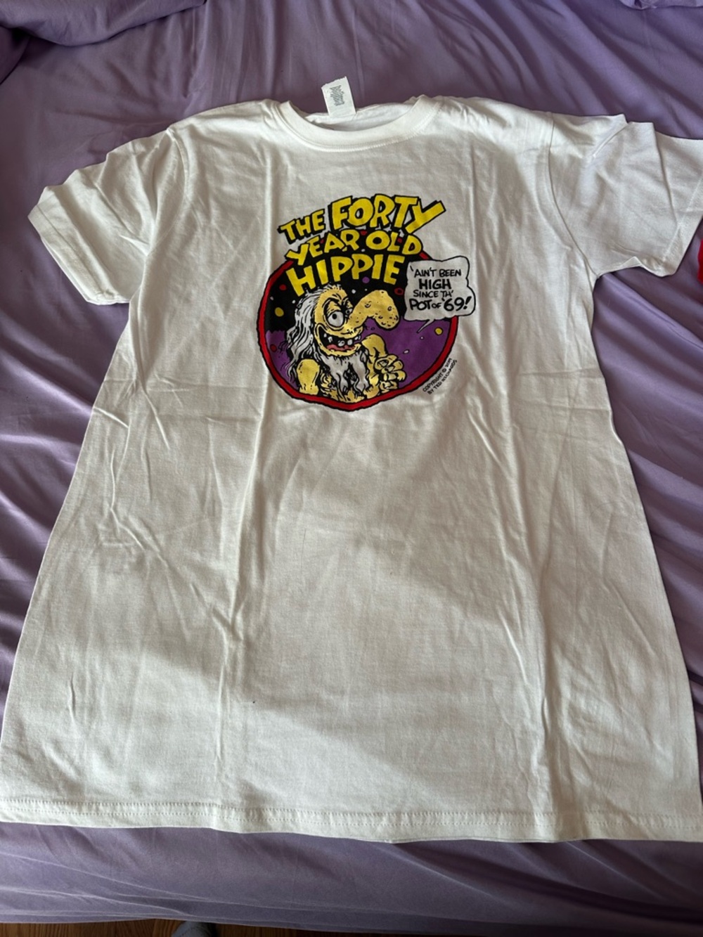 Gildan White Short Sleeve Tee with Colorful 'The Forty Year Old Hippie' Graphic